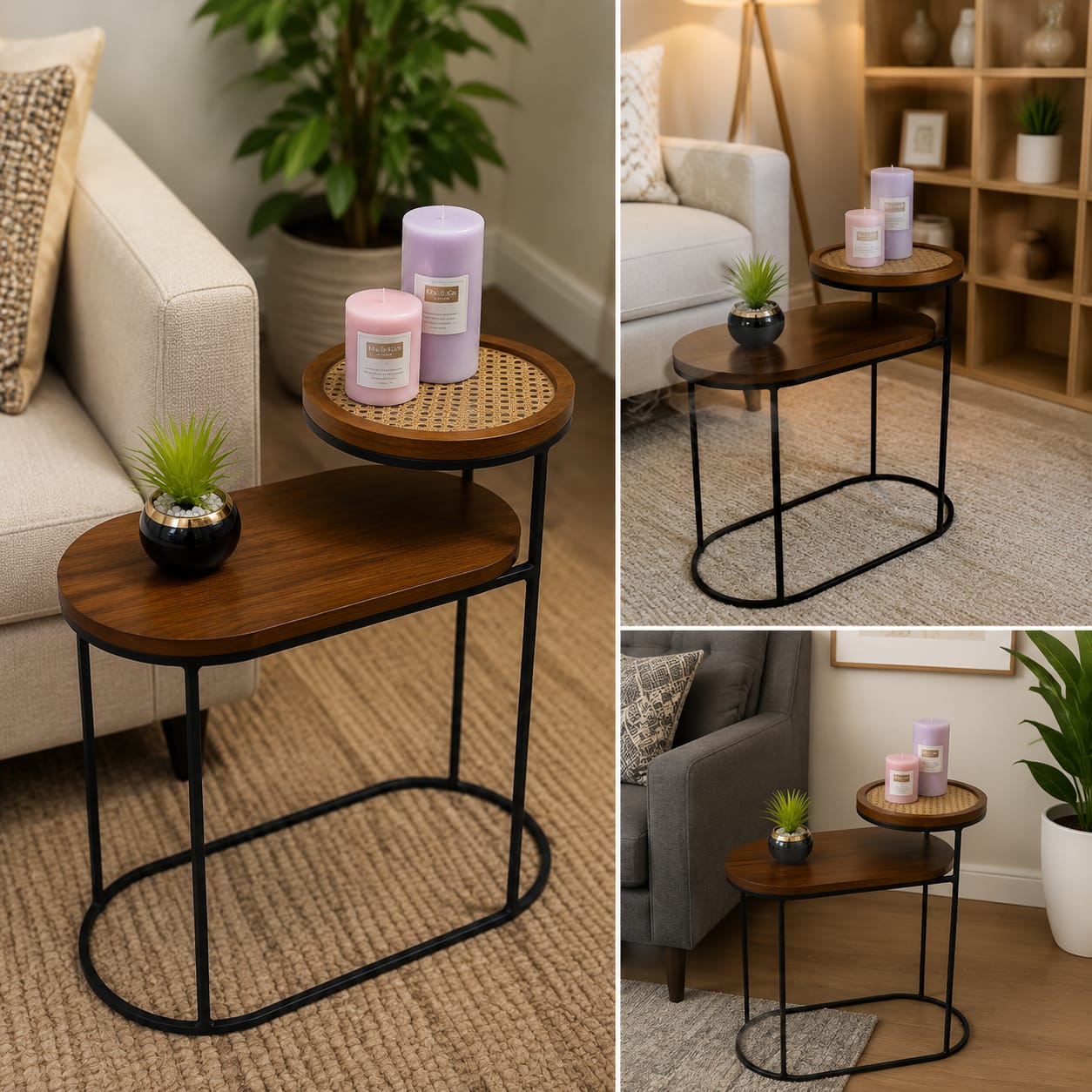 Modern 2-Tier Side Table with Rattan Top