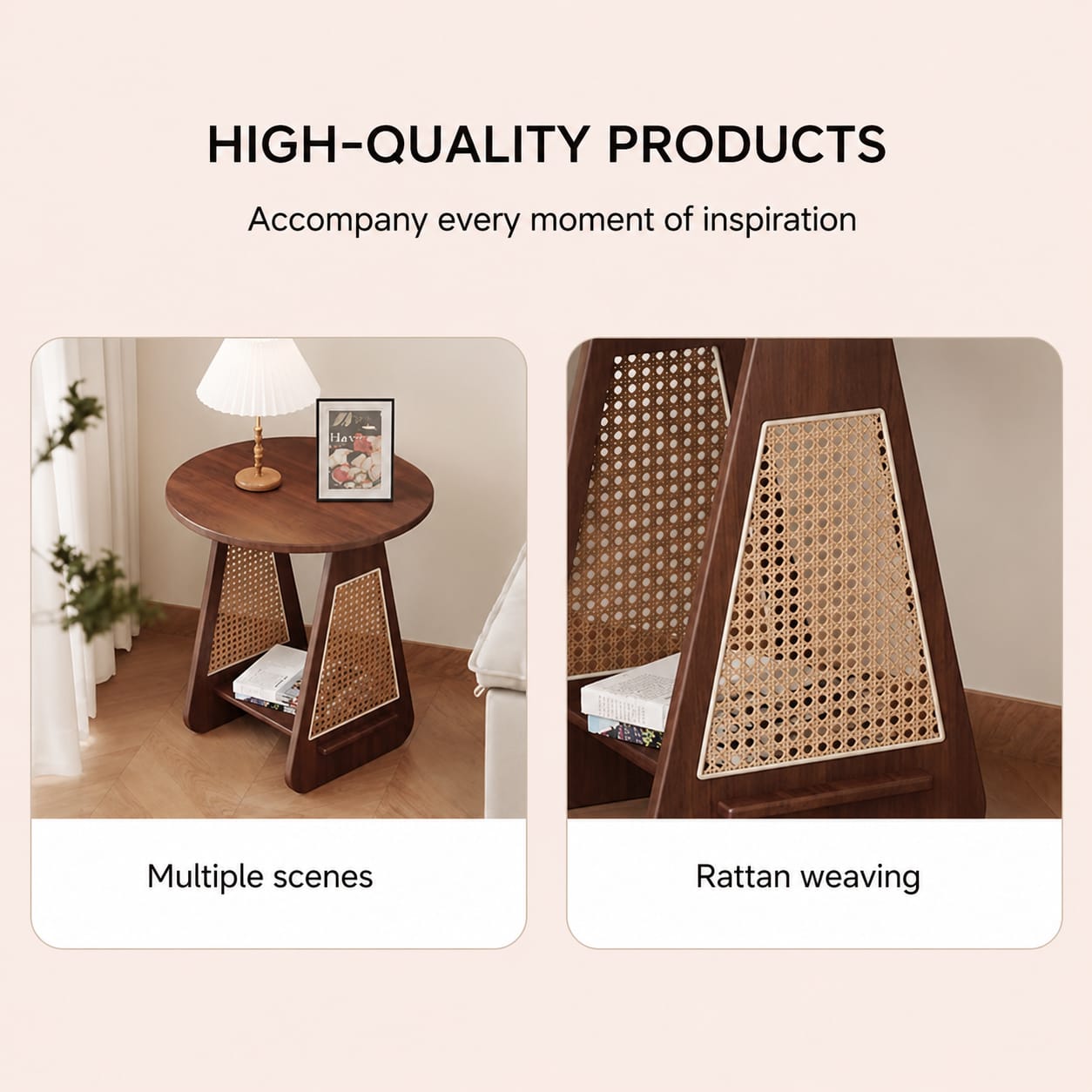 Modern Wooden Round Side Table with Rattan Storage Shelf