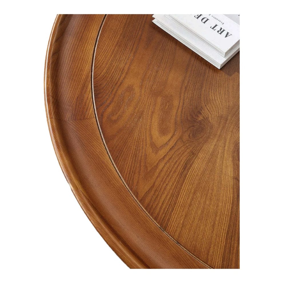 Modern Round Wooden Coffee Table with Sliding Rattan Storage
