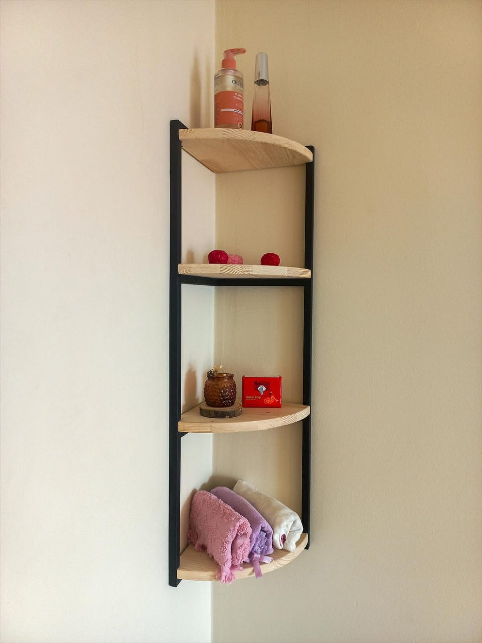 Modern 4-Tier Corner Wall Shelf | Solid Wood & Metal Floating Corner Display Rack