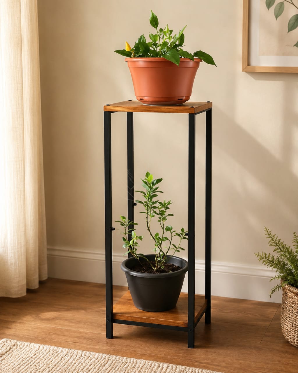 Modern 2-Tier Wooden Plant Stand with Metal Frame