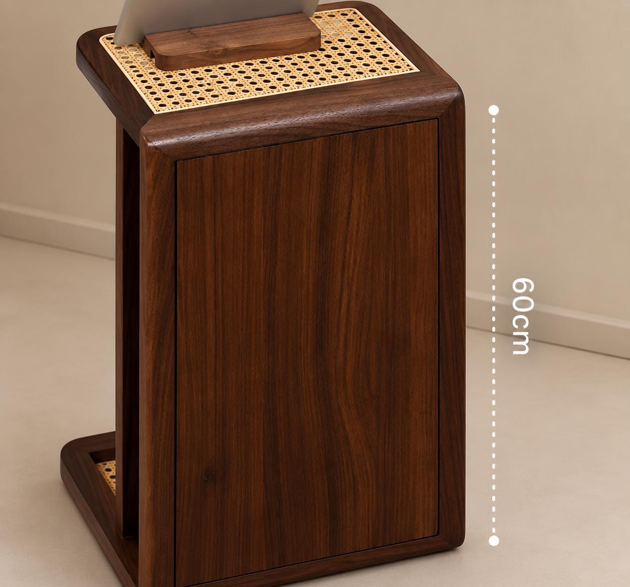 Premium Wooden Rattan Side Table with Hidden Storage Cabinet