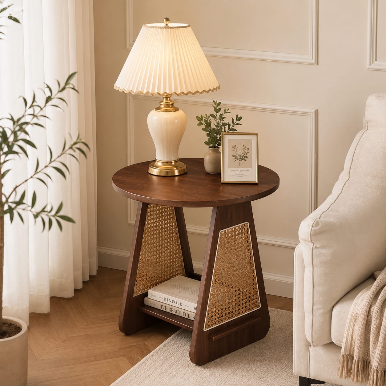 Modern Wooden Round Side Table with Rattan Storage Shelf