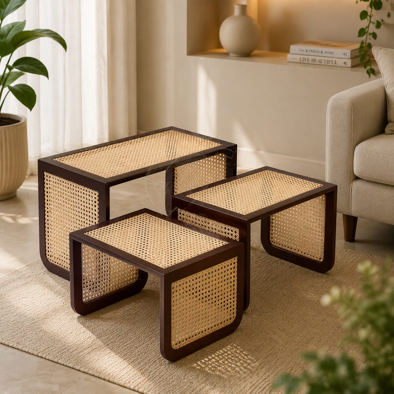 Premium 3-Piece Wooden Nesting Coffee Table Set with Rattan Finish