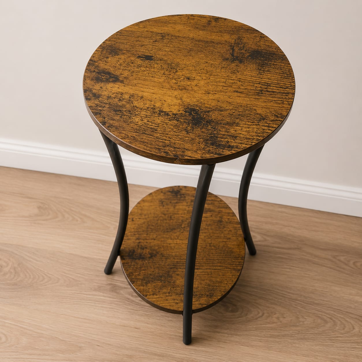 Rustic Round 2-Tier Wooden Side Table with Metal Frame | Plant Stand &amp; End Table