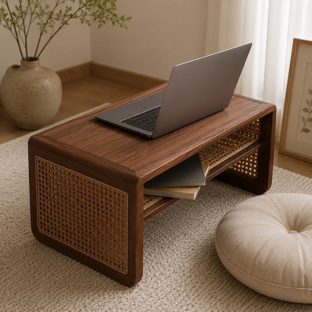 Premium Wooden Rattan Side Table with Hidden Storage Cabinet