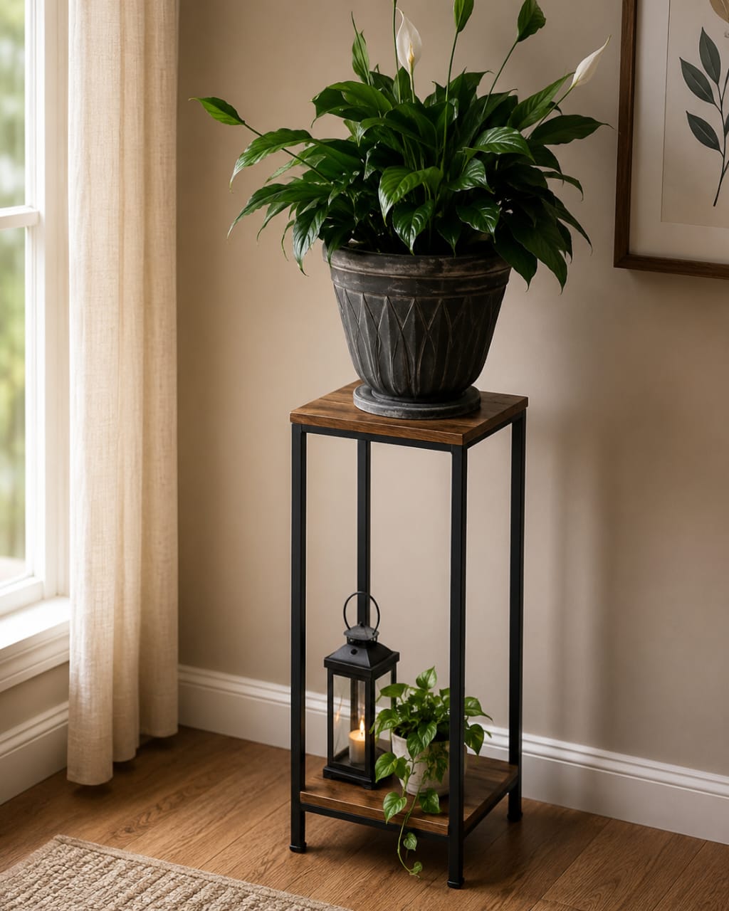 Modern 2-Tier Wooden Plant Stand with Metal Frame
