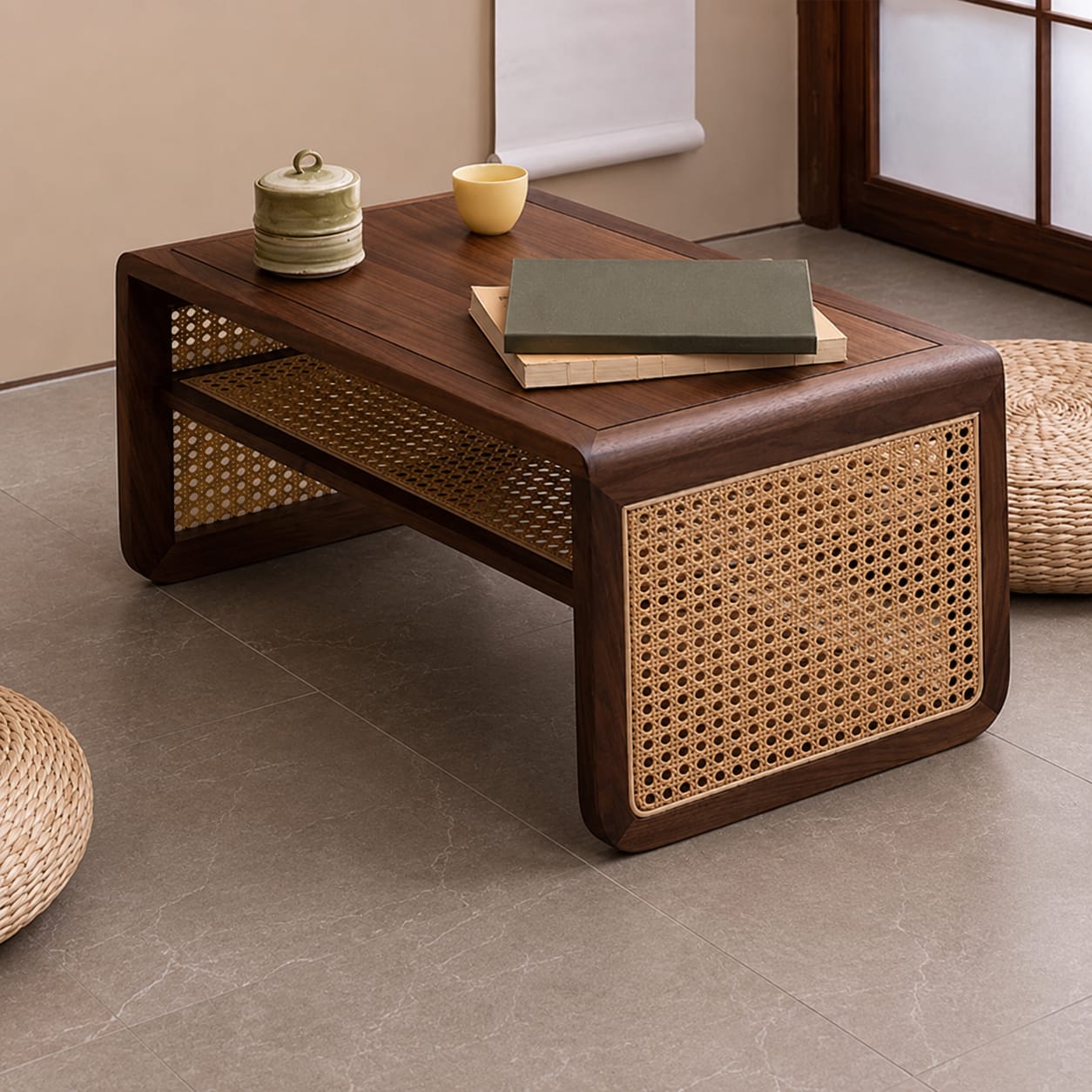 Premium Wooden Rattan Side Table with Hidden Storage Cabinet