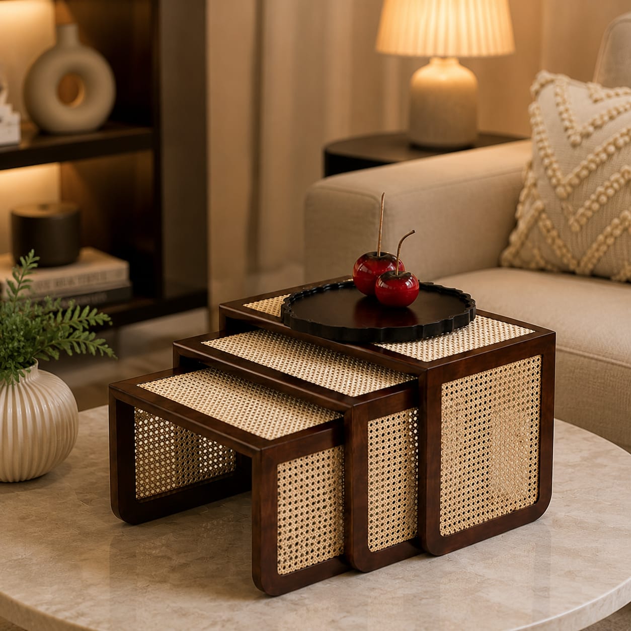 Premium 3-Piece Wooden Nesting Coffee Table Set with Rattan Finish