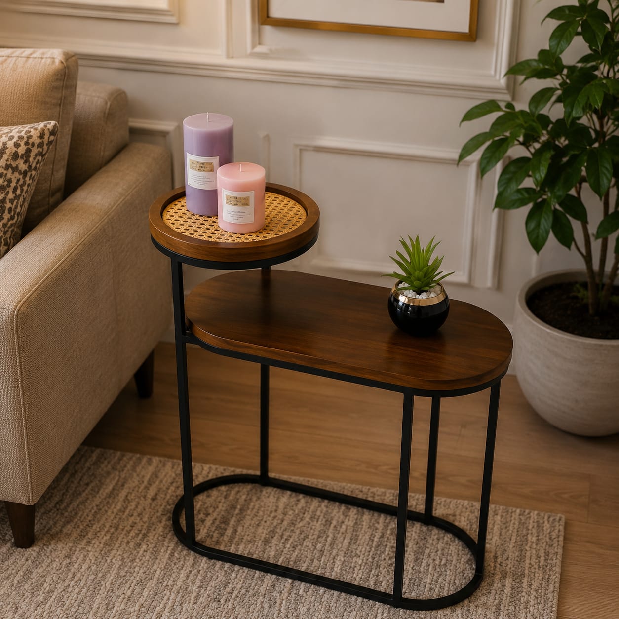 Modern 2-Tier Side Table with Rattan Top