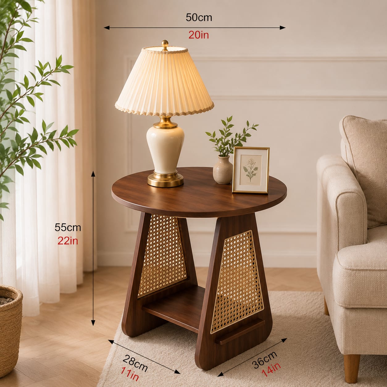 Modern Wooden Round Side Table with Rattan Storage Shelf
