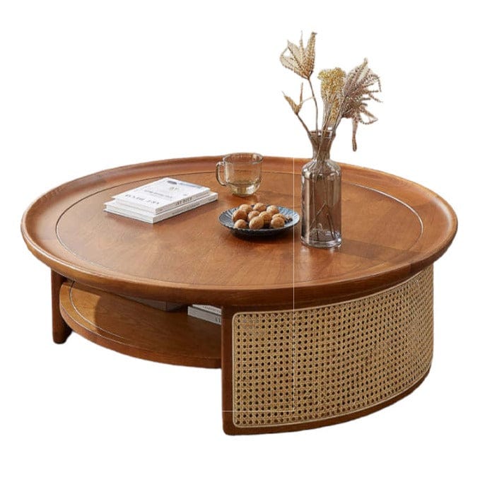 Modern Round Wooden Coffee Table with Sliding Rattan Storage