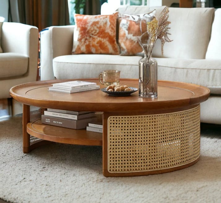 Modern Round Wooden Coffee Table with Sliding Rattan Storage