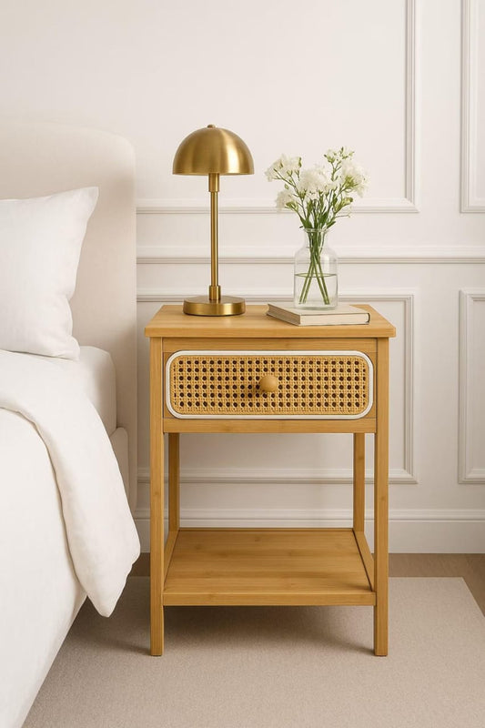Premium Rattan Bedside Table | Solid Wood Nightstand with Handwoven Cane Drawer