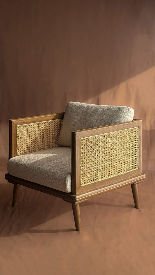 Premium Rattan Accent Armchair | Solid Wood Lounge Chair with Handwoven Natural Cane Panels & Upholstered Cushion