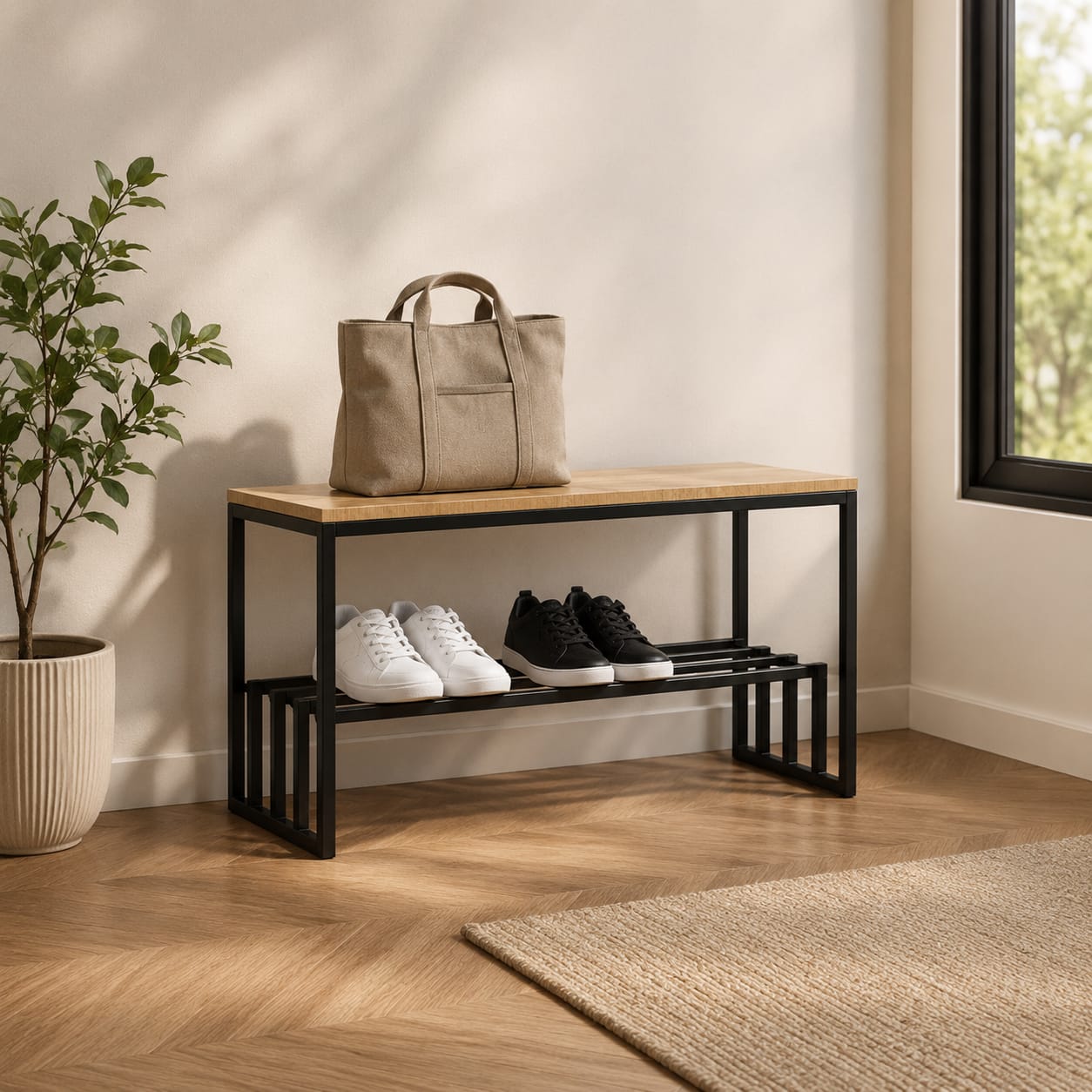 Entryway Shoe Rack with Metal Frame & Storage Shelf