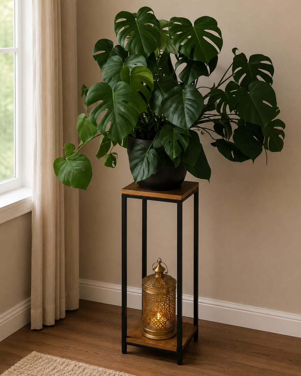 Modern 2-Tier Wooden Plant Stand with Metal Frame