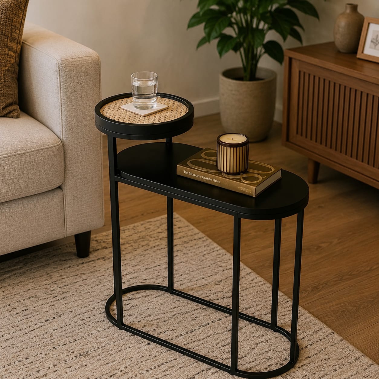 Modern 2-Tier Side Table with Rattan Top