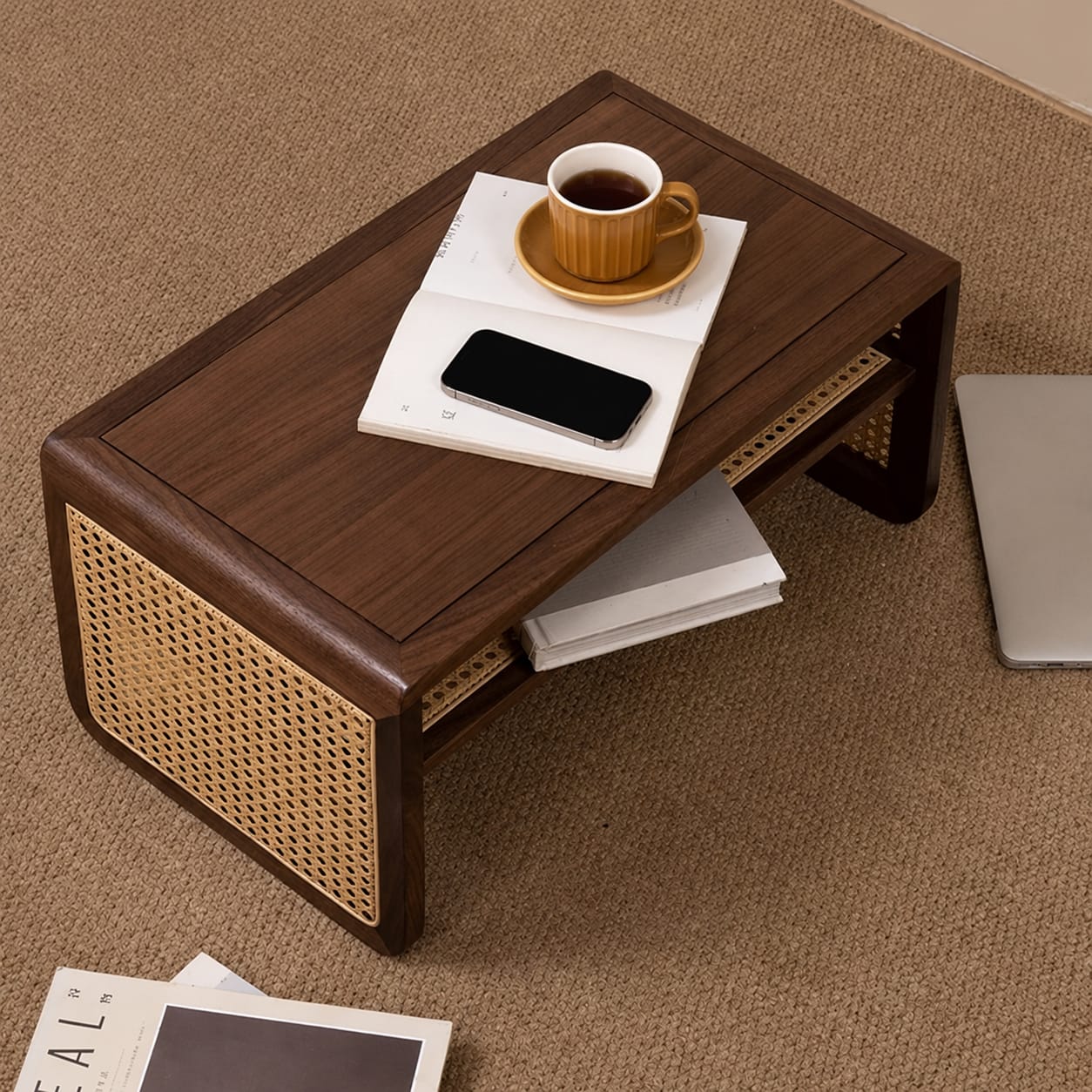 Premium Wooden Rattan Side Table with Hidden Storage Cabinet
