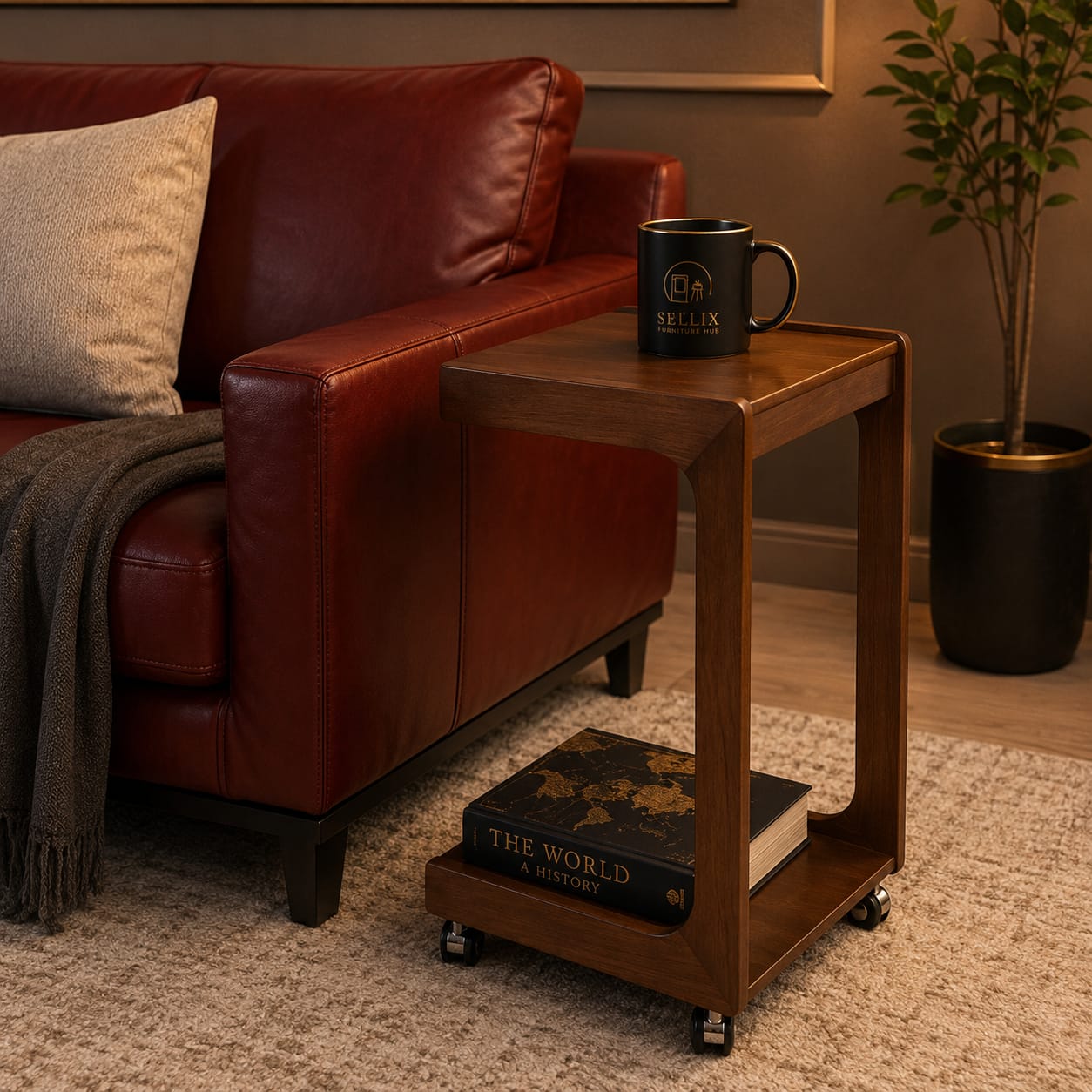 Premium Solid Sheesham Wood Mobile Side Table with Storage Shelf & Smooth Rolling Wheels