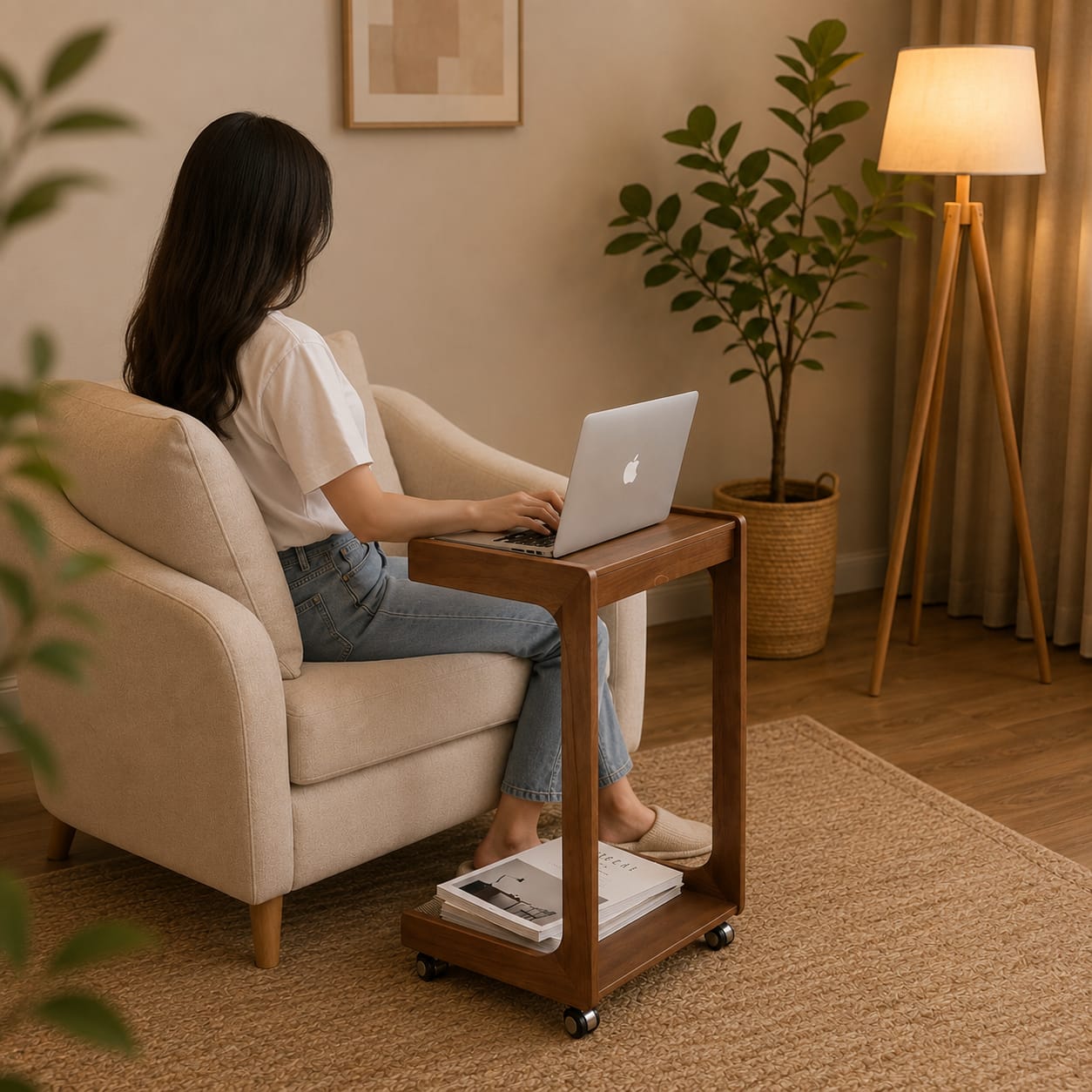Premium Solid Sheesham Wood Mobile Side Table with Storage Shelf & Smooth Rolling Wheels