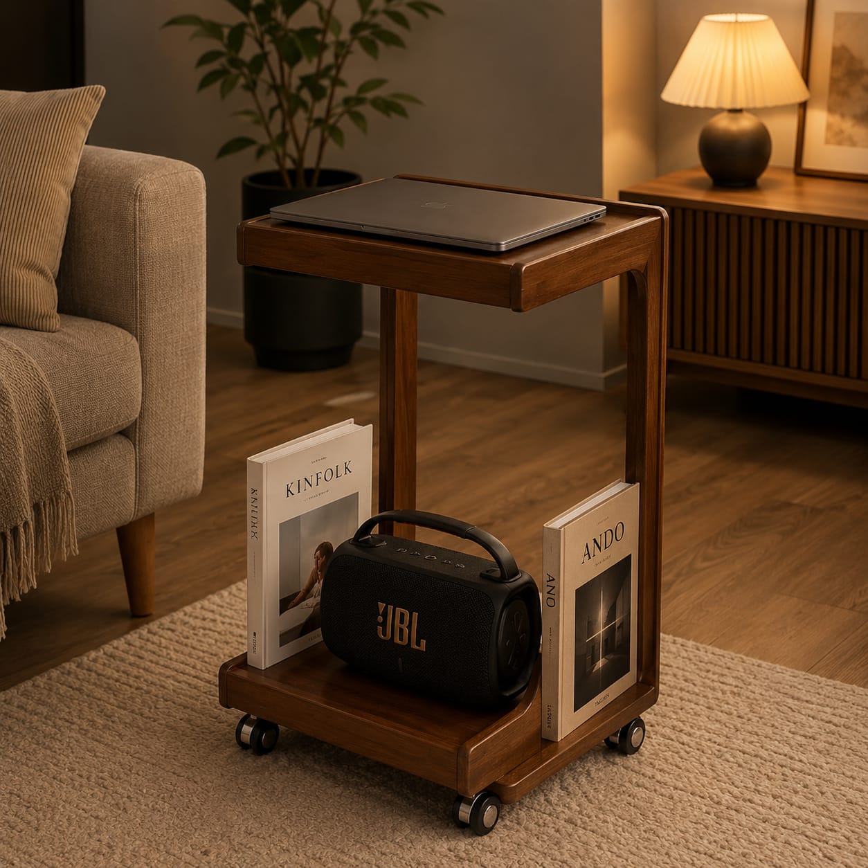 Premium Solid Sheesham Wood Mobile Side Table with Storage Shelf & Smooth Rolling Wheels